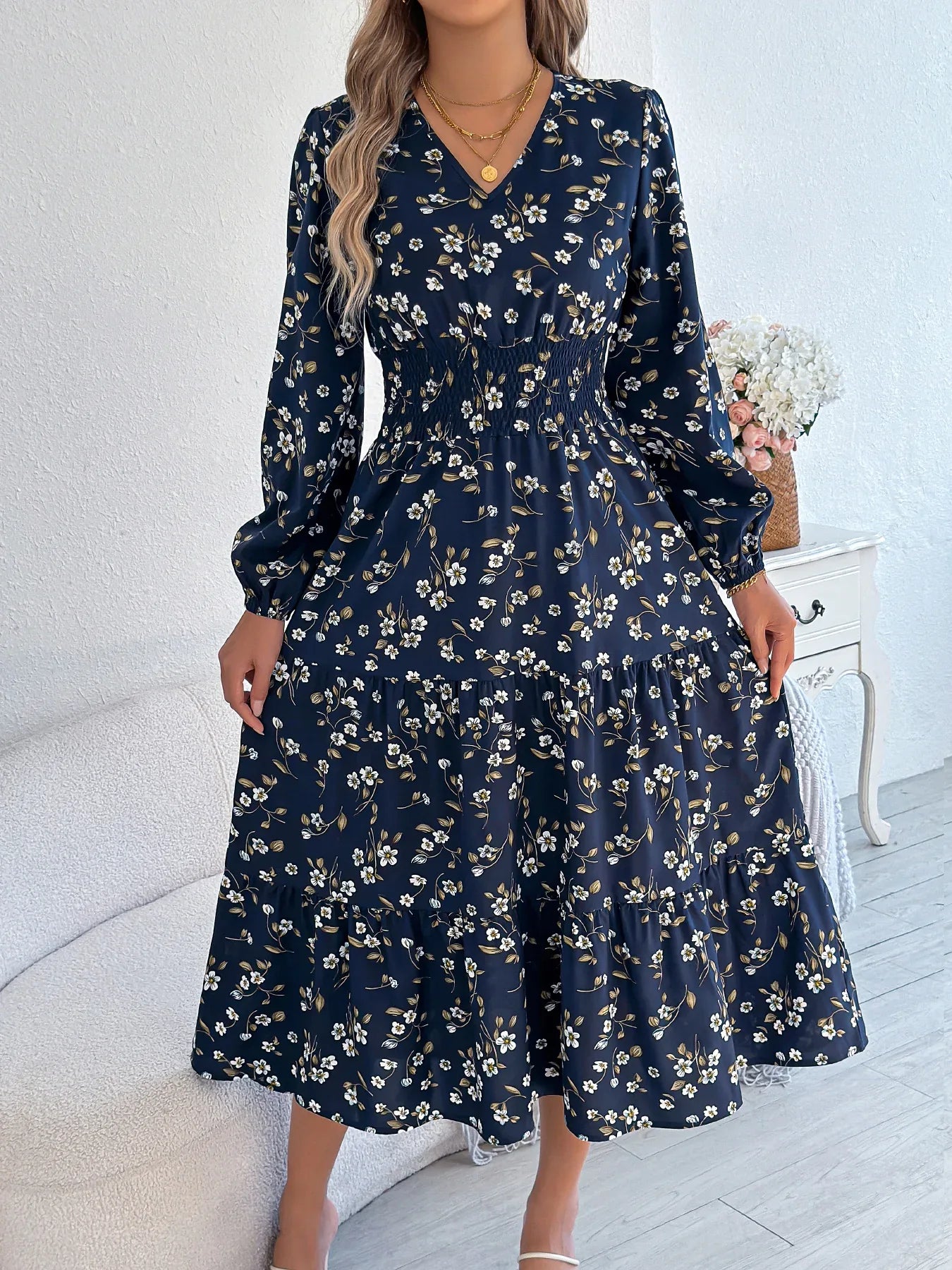 Women's Elegant Floral V-Neck Long Sleeve Waist-Defined Hem Ruffle A-Line Dress - Gizmo Galaxy