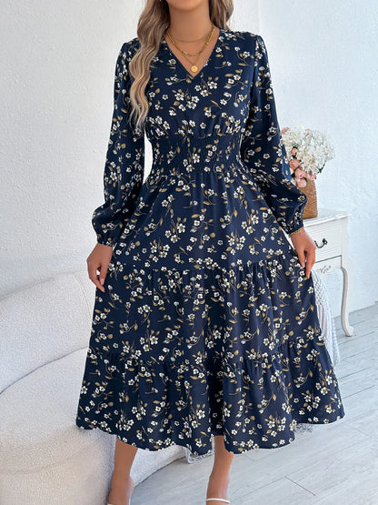 Women's Elegant Floral V-Neck Long Sleeve Waist-Defined Hem Ruffle A-Line Dress - Gizmo Galaxy