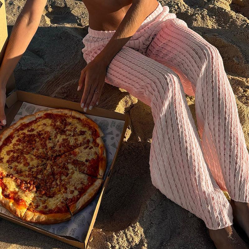 Resort-style Textured Hollow-out Loose-fitting Solid-color Casual Pants - Gizmo Galaxy