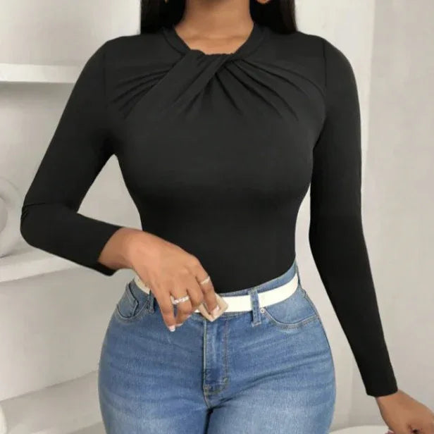 Women's Solid Color Pleated Collar Slim Fit Hip Hugging Long Sleeved T-shirt Top - Gizmo Galaxy