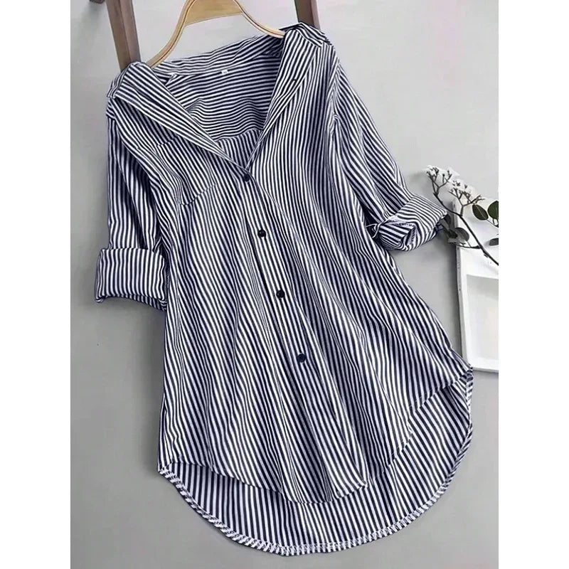 Women Oversized Button Down Striped Shirts Casual Long Sleeve Boyfriend Blouse Top - Gizmo Galaxy