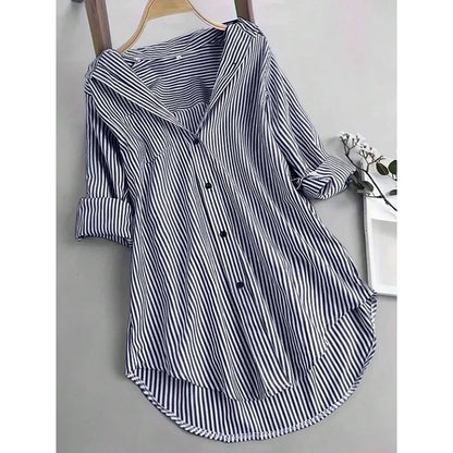 Women Oversized Button Down Striped Shirts Casual Long Sleeve Boyfriend Blouse Top - Gizmo Galaxy