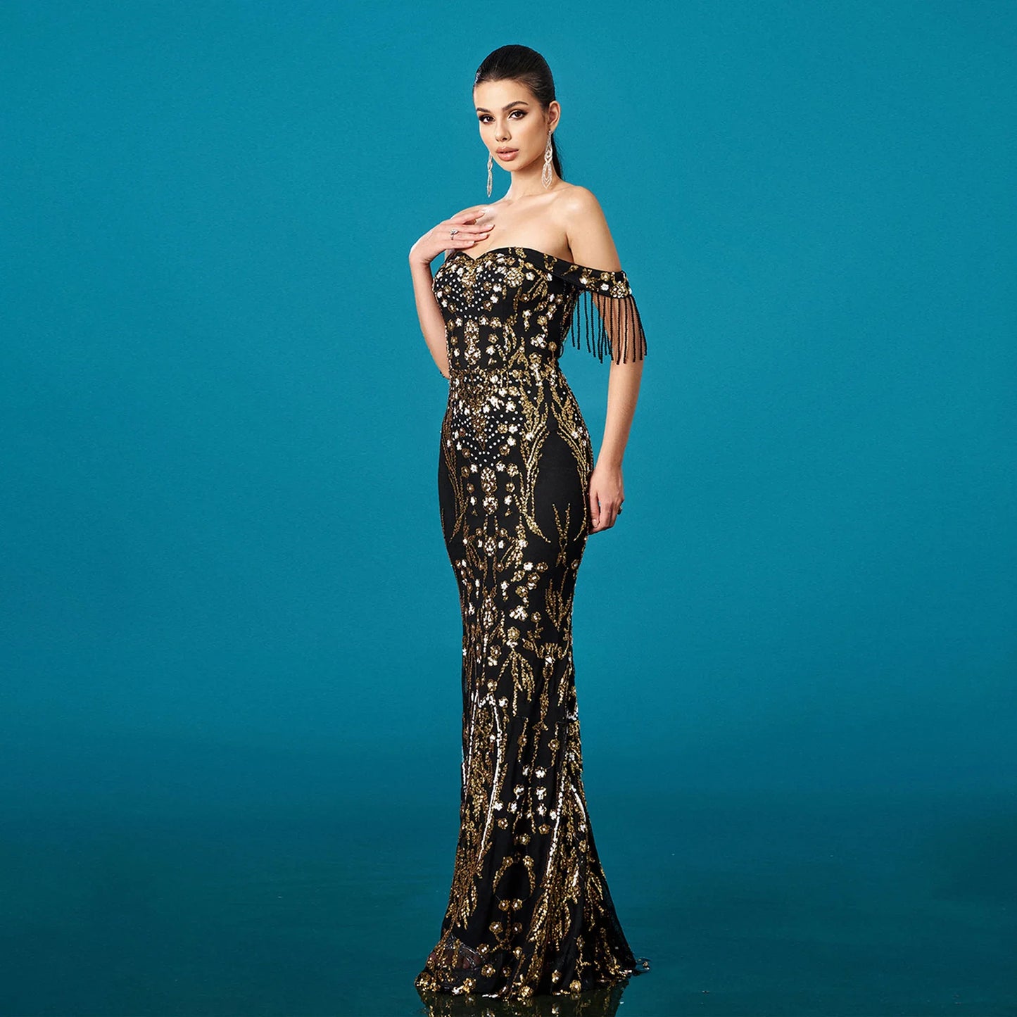 Off-neck Tassel Sequined Fishtail Evening Dress For Banquet - Gizmo Galaxy