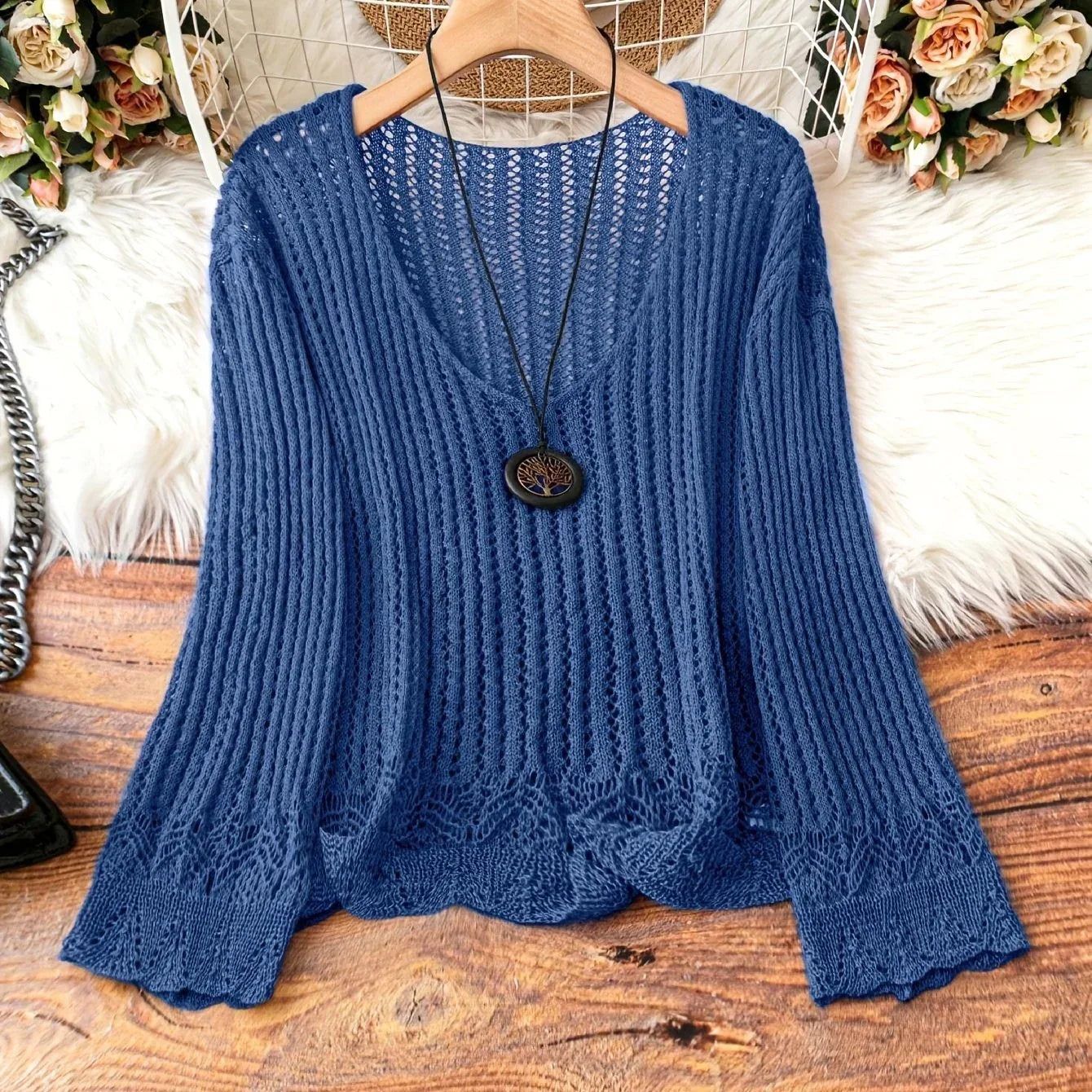 Hollow-out Spring And Summer Long Sleeves Knitted V-neck Plus Size Women's Long-sleeved Sweater - Gizmo Galaxy