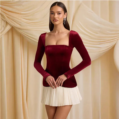 Personality Square Collar Pleated Stitching Skirt Woman - Gizmo Galaxy