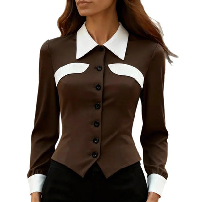 Independent Website Women's Color-block Slim-fit Versatile Slimming Long-sleeved Shirt - Gizmo Galaxy