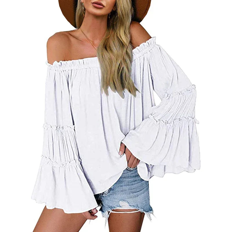 Women's Off Shoulder Blouse Long Flared Bell Sleeve Casual Loose Fit Top - Gizmo Galaxy