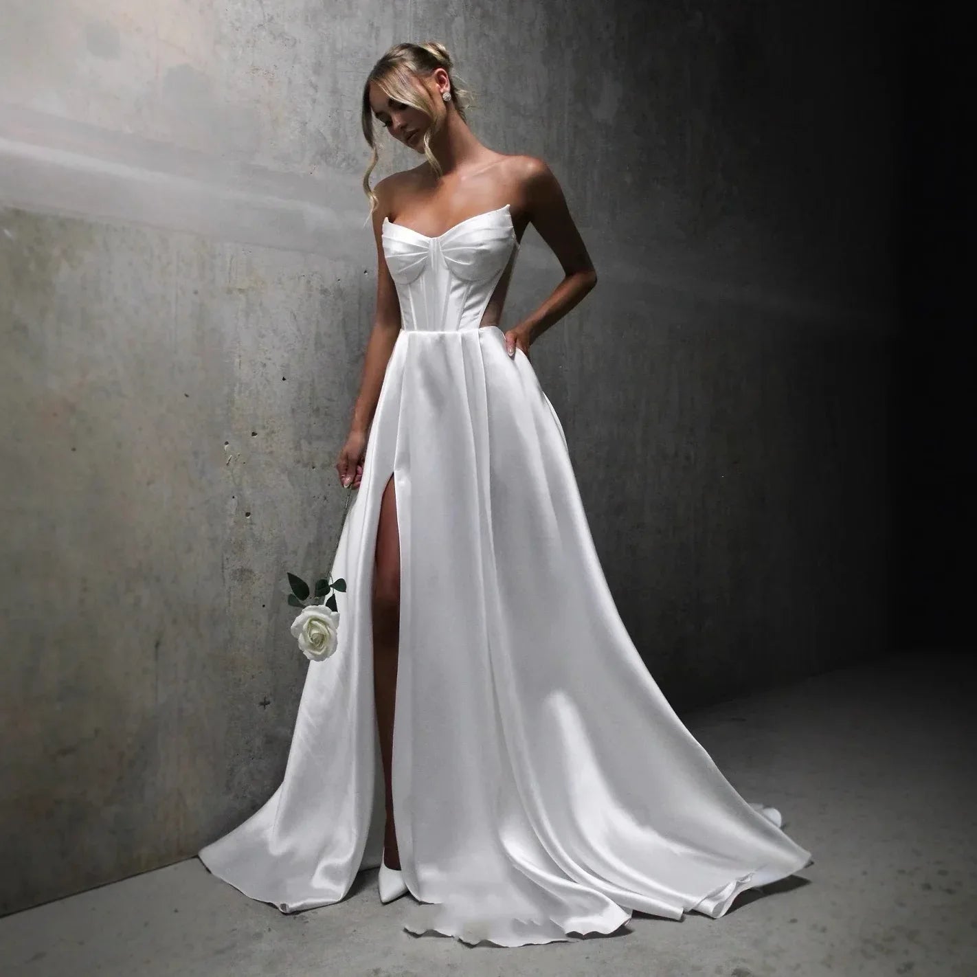 White Satin Slit Pocket Bandage Wedding Dress - Gizmo Galaxy