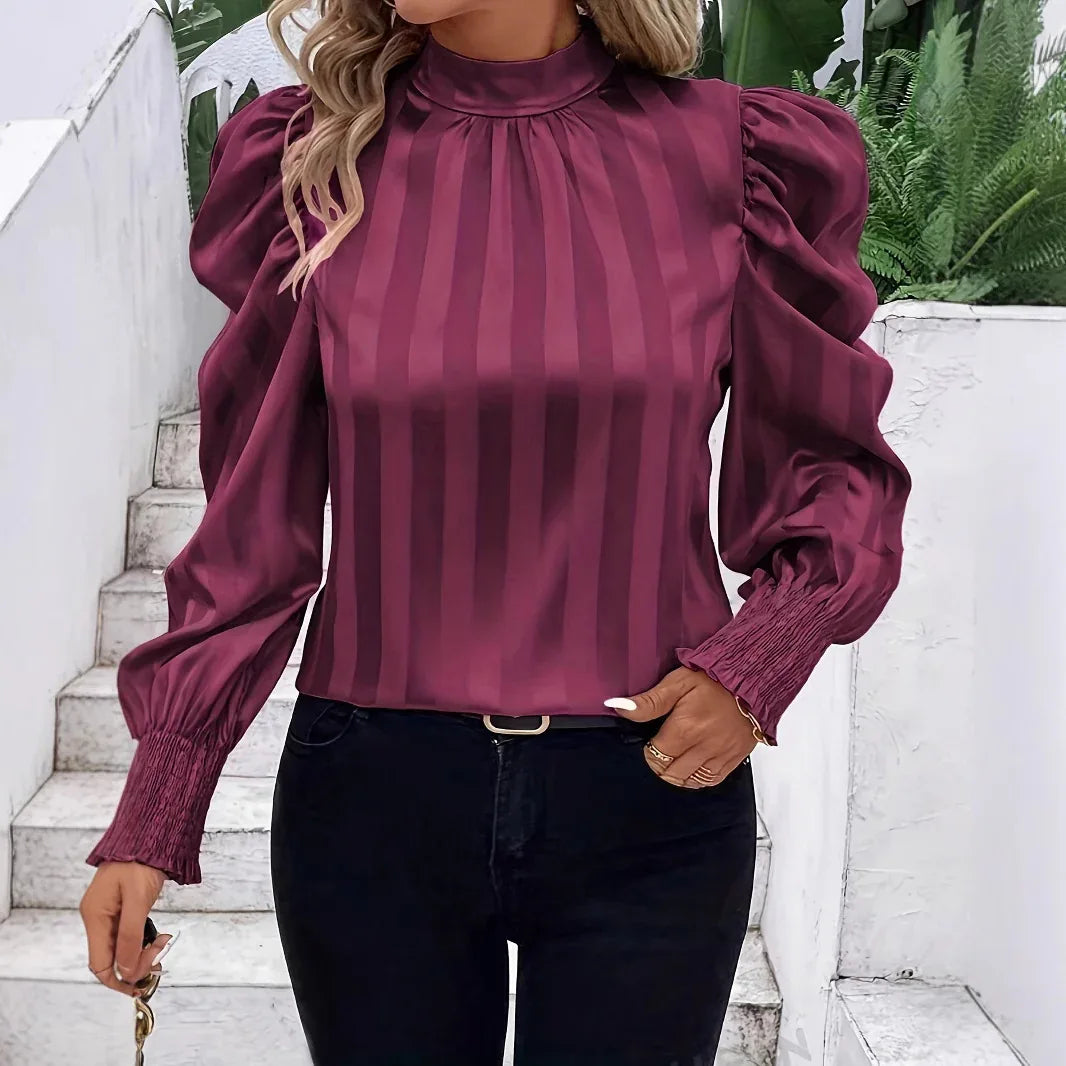 Solid Color Stand-up Collar Long Sleeve Shirt Women - Gizmo Galaxy