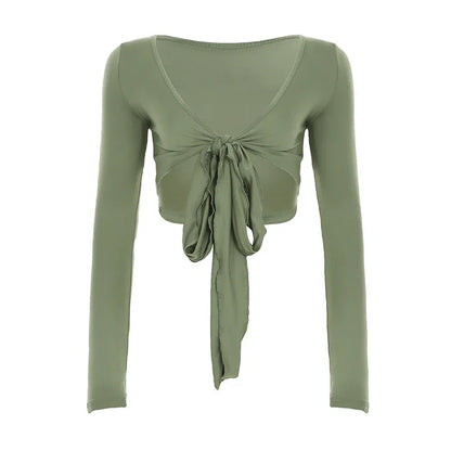 Pure Desire Strap Long-sleeved T-shirt Sexy Deep V-neck Short Blouse - Gizmo Galaxy