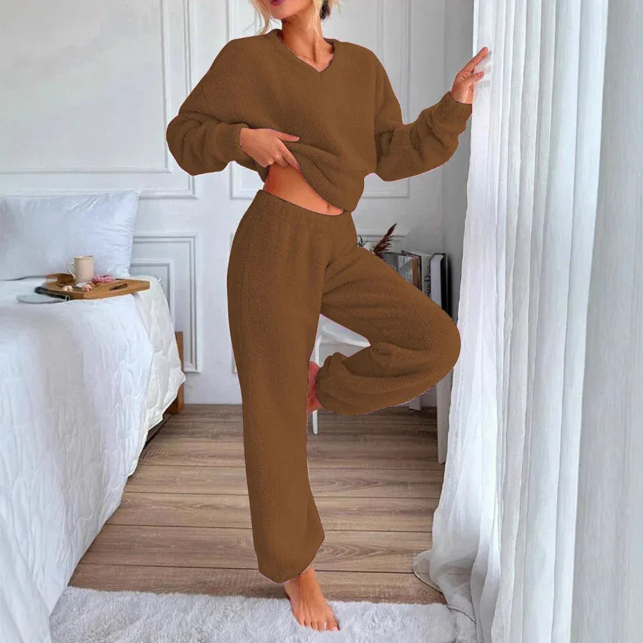 Women's Comfortable V-neck Casual Loungewear Warm Set - Gizmo Galaxy