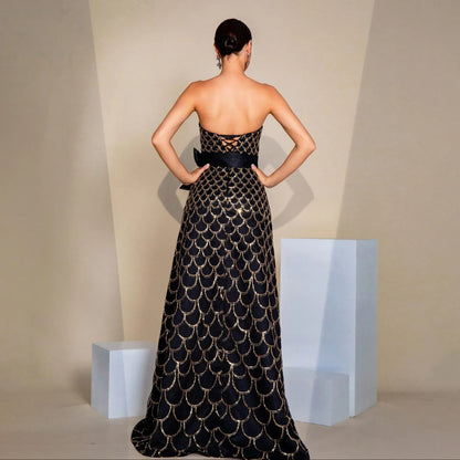Off-neck Wrapped Chest Nipped-waist Large Swing Sequined Evening Dress - Gizmo Galaxy