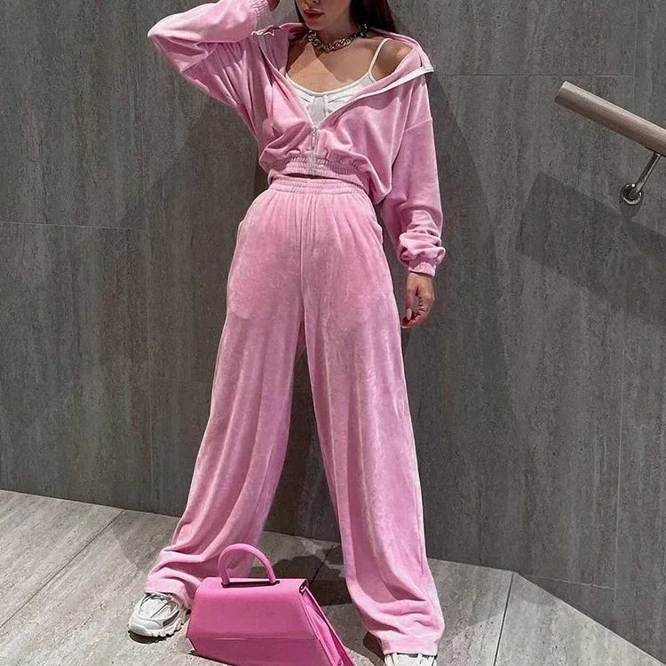 Fashion Women's Long-sleeve Lapel Zip-up Cardigan Hoodie Fleece Sweater Trousers - Gizmo Galaxy