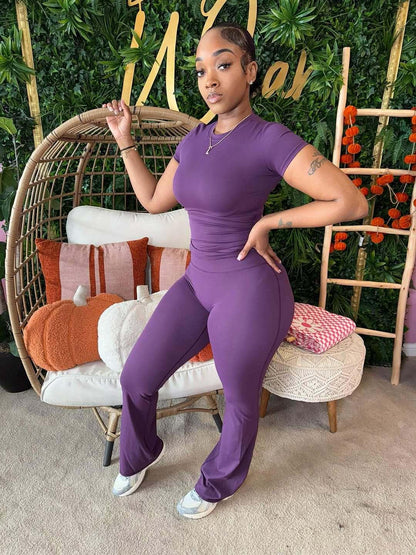 Fashionable Solid-Color Slim-Fit Stretchy Versatile Short-Sleeve Top And Pants Set - Gizmo Galaxy