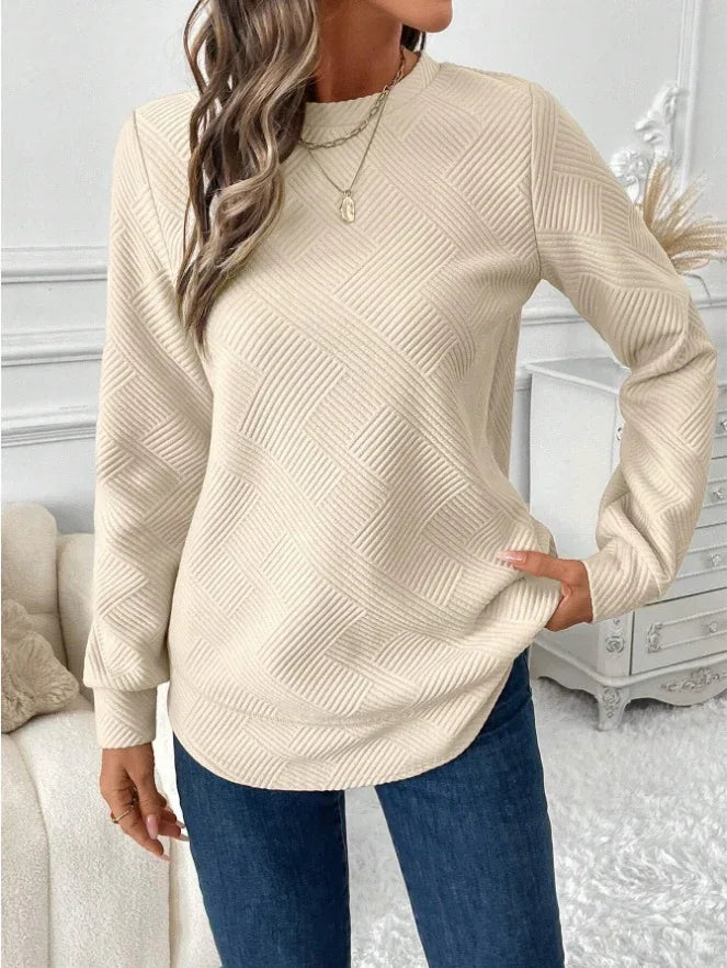 Women Casual Comfortable Waffle-Textured Asymmetrical Hem Crew Neck Sweatshirt - Gizmo Galaxy