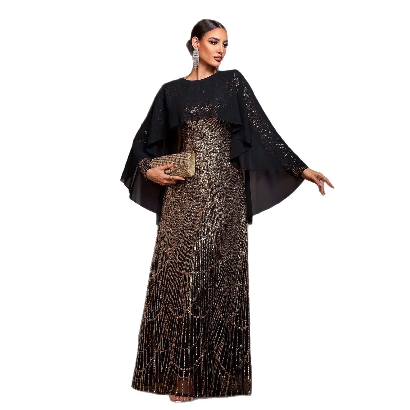Elegant Long Sleeve Round Neck Shawl Banquet Sequined A- Line Evening Dress - Gizmo Galaxy