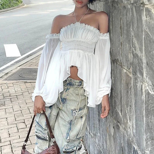 Off-shoulder Pleated Ruffled Slim Fit Lantern Long Sleeve Halter Top Women - Gizmo Galaxy