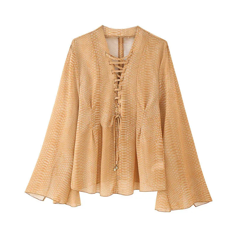 Solid Color Wide Sleeve Lace-up Decorative Chiffon Top - Gizmo Galaxy