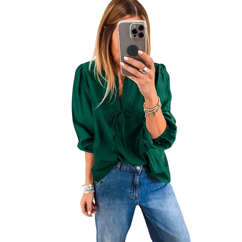 Women's Solid-color V-neck Long-sleeve Chiffon Blouse With Bow Tie Straps - Gizmo Galaxy
