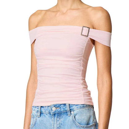 Solid Color Off-neck Pleated Slim Vest T-shirt - Gizmo Galaxy