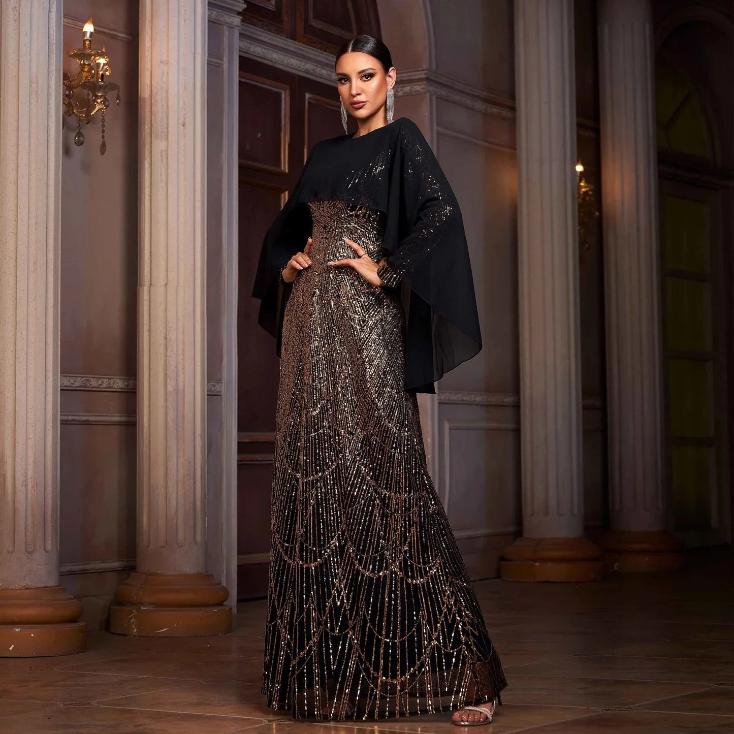 Elegant Long Sleeve Round Neck Shawl Banquet Sequined A- Line Evening Dress - Gizmo Galaxy