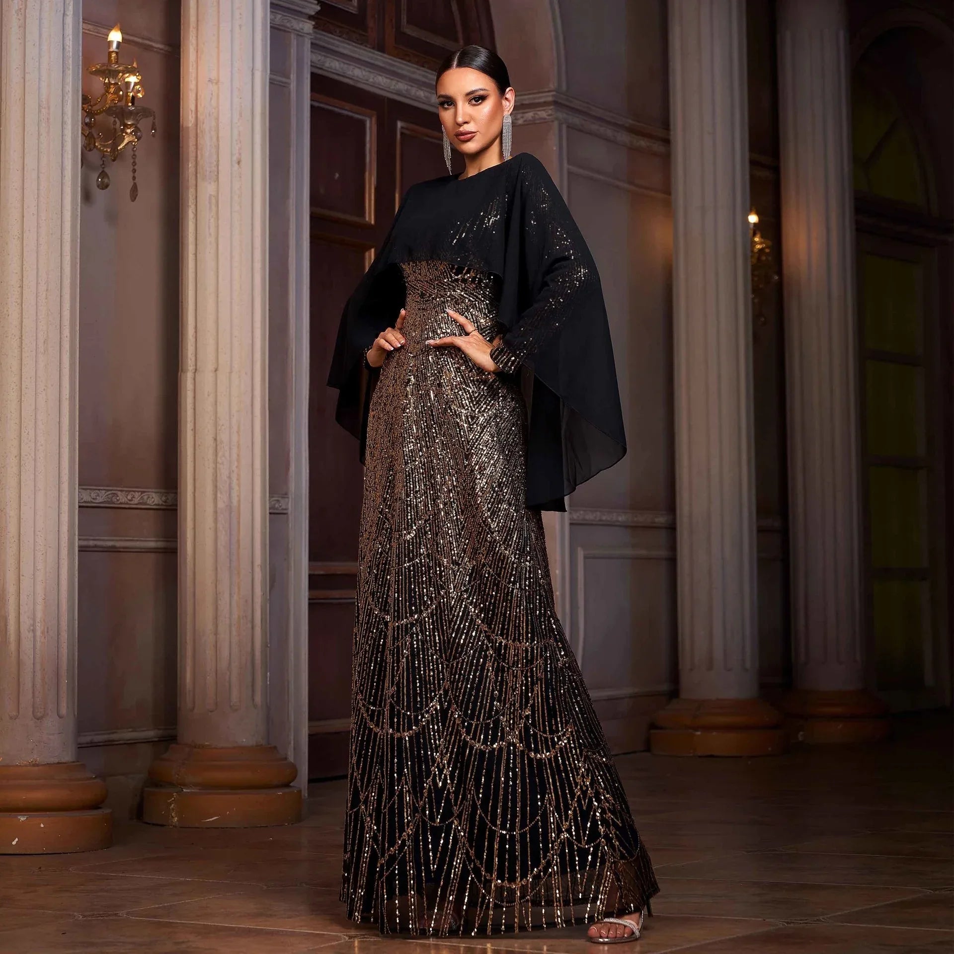 Elegant Long Sleeve Round Neck Shawl Banquet Sequined A- Line Evening Dress - Gizmo Galaxy