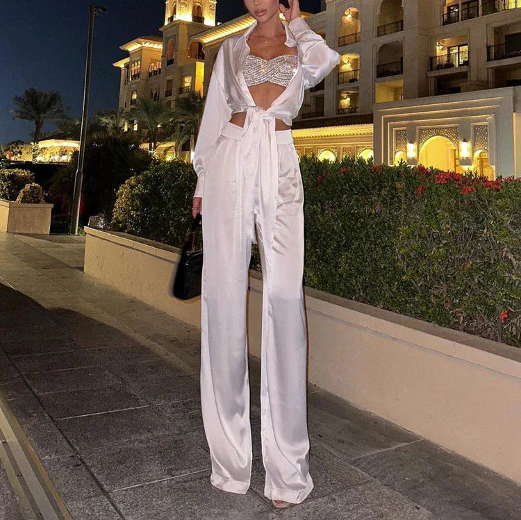 Two-piece Set Featuring A Lapel Long-sleeve Shirt And High-waisted Wide-leg Pants - Gizmo Galaxy