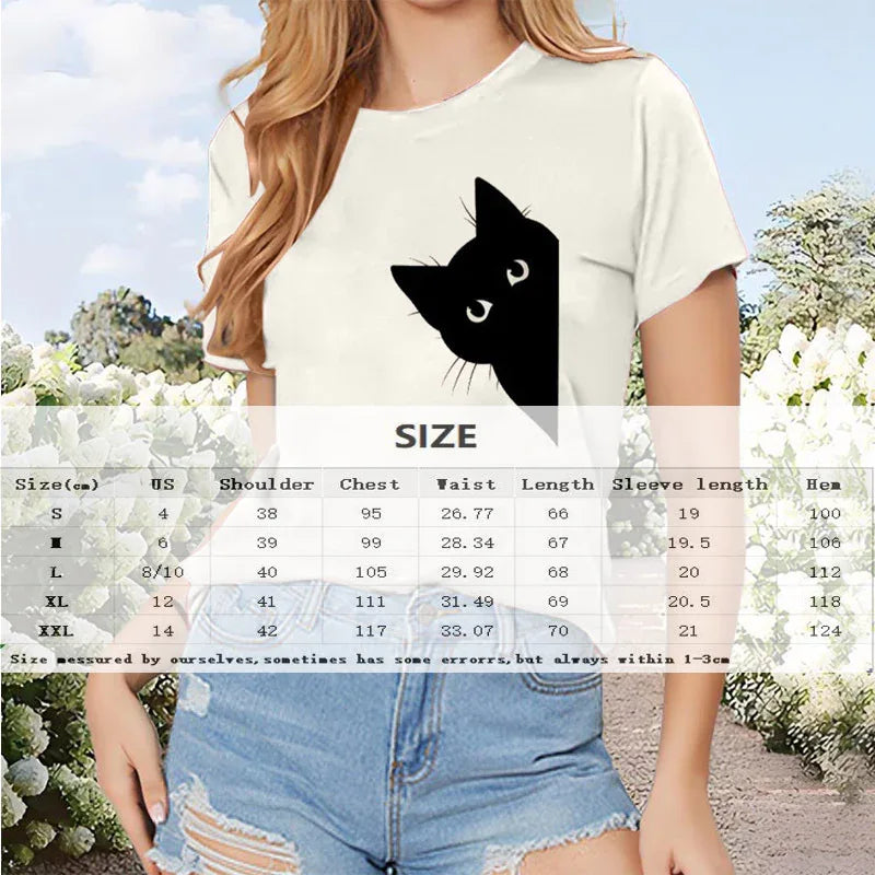Women's Black Cat Print Round Neck T-Shirt - Cute Casual Short Sleeve Summer Top - Gizmo Galaxy