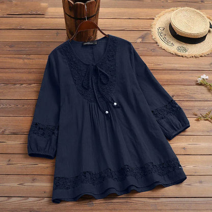 New Spring Autumn Cotton Hemp Splicing Lace Style Three Quarter Sleeve Loose Women's Top T-shirt - Gizmo Galaxy