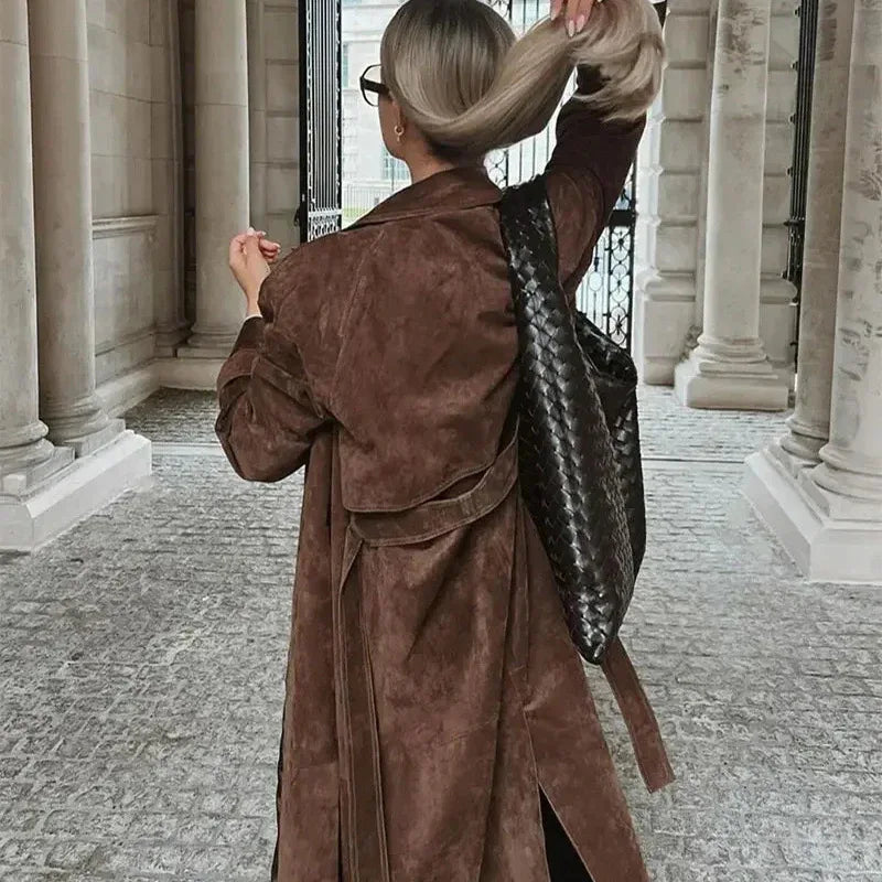 Double Breasted Lapel Shift Coat With Belt Fashion Vintage Suede Long Coat Winter Outwear Women's Clothing - Gizmo Galaxy