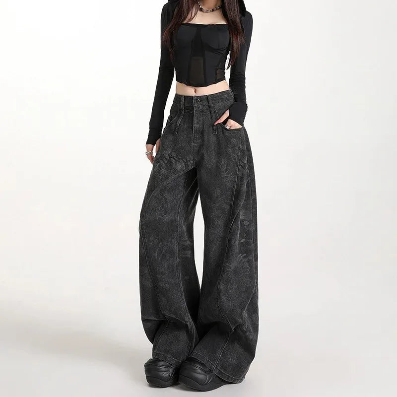 Women's Plus-Size Printed Pleated Straight-Leg Floor-Length Wide-Leg Pants - Gizmo Galaxy