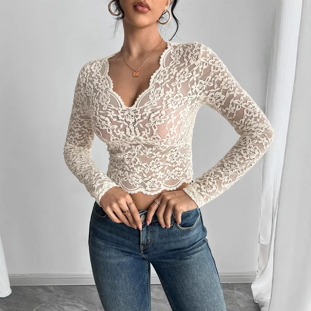 Solid Color Sexy Lace V-neck Long Sleeve T-shirt - Gizmo Galaxy
