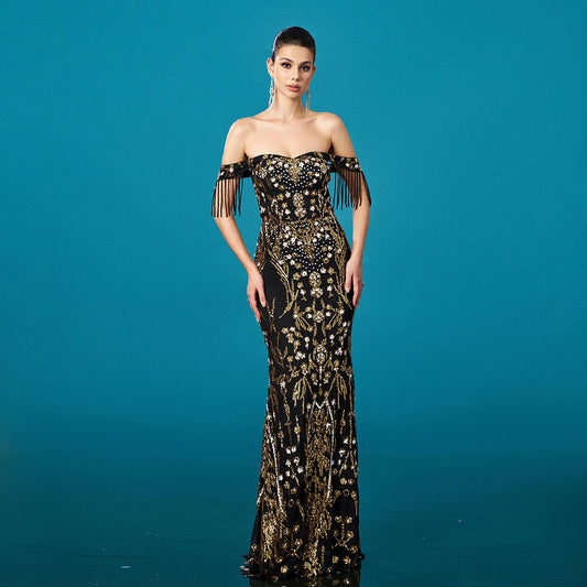Off-neck Tassel Sequined Fishtail Evening Dress For Banquet - Gizmo Galaxy