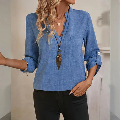 Womens Casual Summer Shirts Notch V Neck Blouses 3 4 Roll Sleeve Tunics Tops - Gizmo Galaxy
