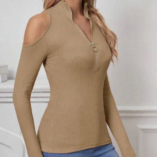 Women's Solid Color Long Sleeved Off Shoulder Zipper Design Slim Fit Home Clothing Top - Gizmo Galaxy