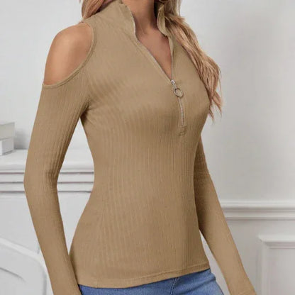 Women's Solid Color Long Sleeved Off Shoulder Zipper Design Slim Fit Home Clothing Top - Gizmo Galaxy