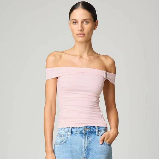 Solid Color Off-neck Pleated Slim Vest T-shirt - Gizmo Galaxy