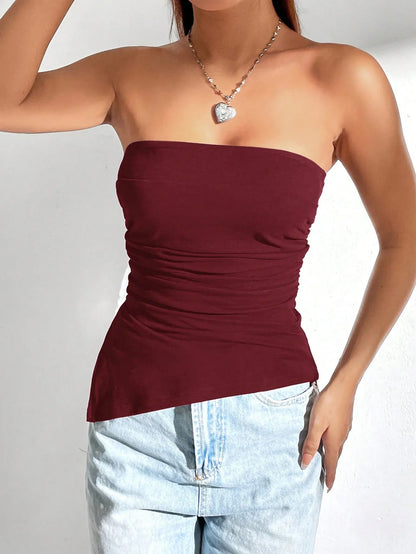 Women Solid Color Ruched Side Slit Hem Bandeau Cami Top - Gizmo Galaxy
