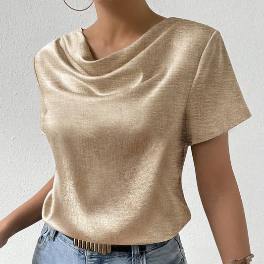 Women's Cowl Neck Short Sleeve Top, Solid Color Loose Fit Summer Office Casual Shirt - Gizmo Galaxy