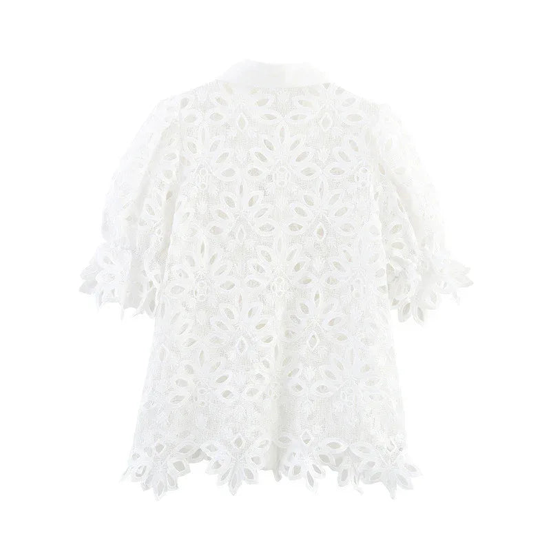 European And American Style Solid Color Water-soluble Embroidery Lapel Puff Sleeve Short Sleeve - Gizmo Galaxy