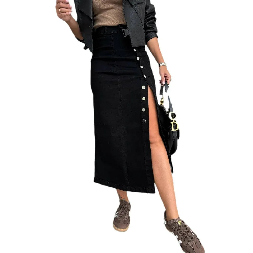 Women's Solid Color Button Irregular Slit Denim Skirt - Gizmo Galaxy