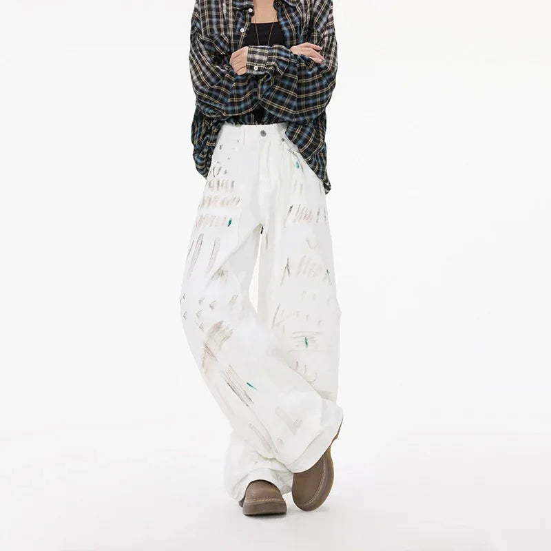 White Dirty Graffiti Machete Jeans For Women - Gizmo Galaxy