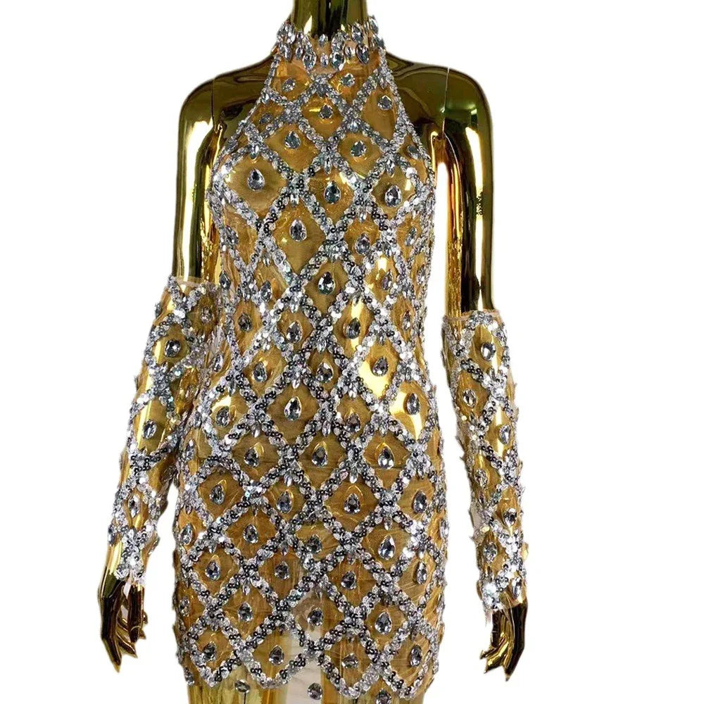 High-end Women's Heavy-duty Rhinestone Plaid Sequined Gloves Ultra-short Dress - Gizmo Galaxy