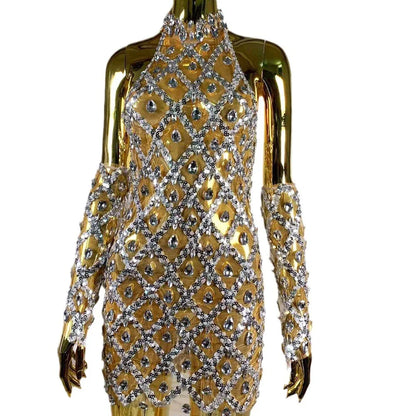 High-end Women's Heavy-duty Rhinestone Plaid Sequined Gloves Ultra-short Dress - Gizmo Galaxy