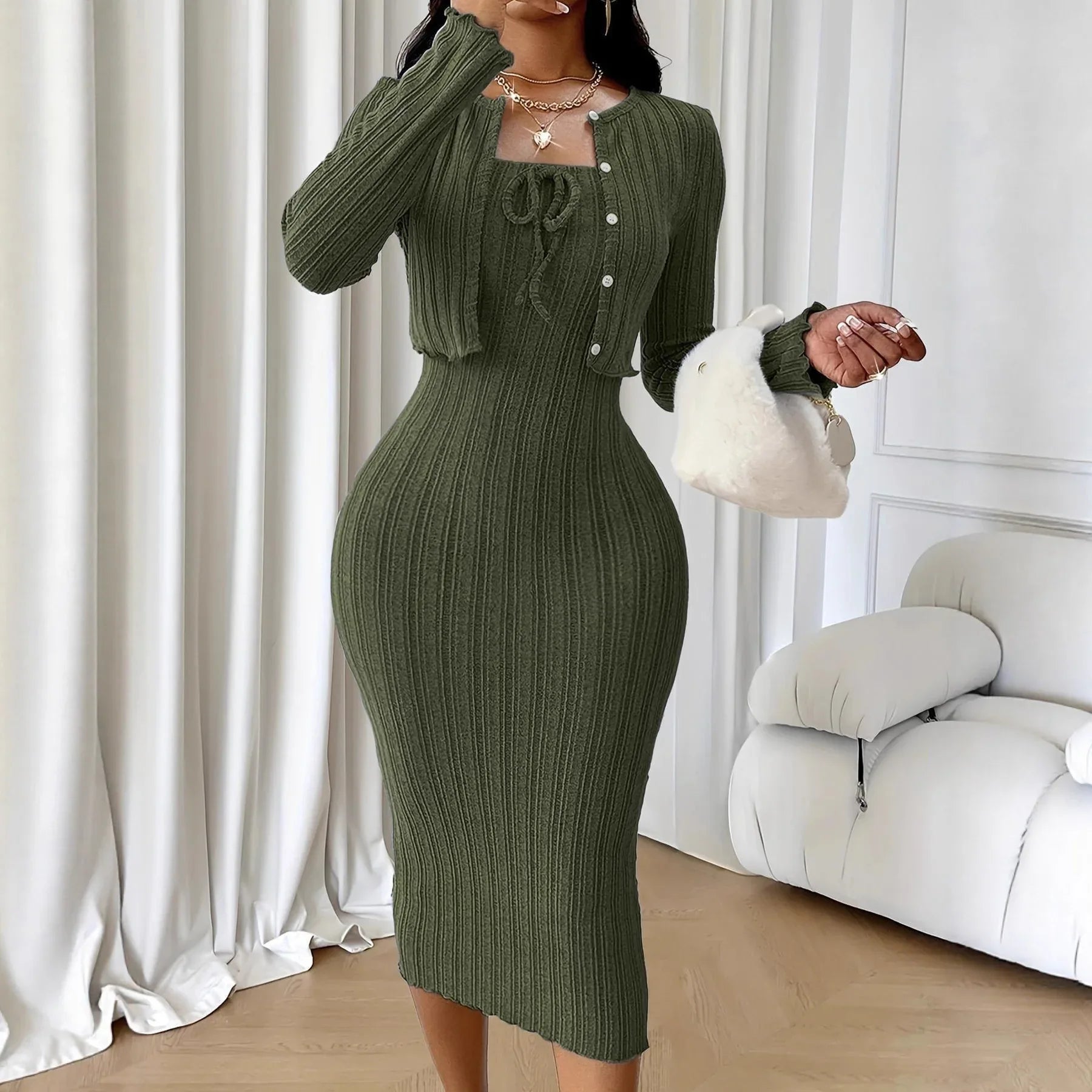 Women's Solid-Color French-Style Slim-Fit Knitted Dress Set - Gizmo Galaxy