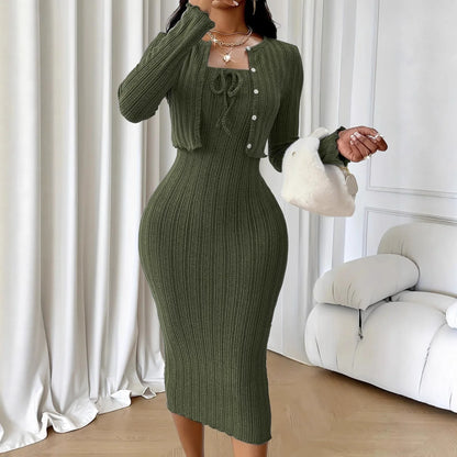 Women's Solid-Color French-Style Slim-Fit Knitted Dress Set - Gizmo Galaxy