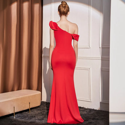 High-end Slant Shoulder Slimming Long Dress - Gizmo Galaxy