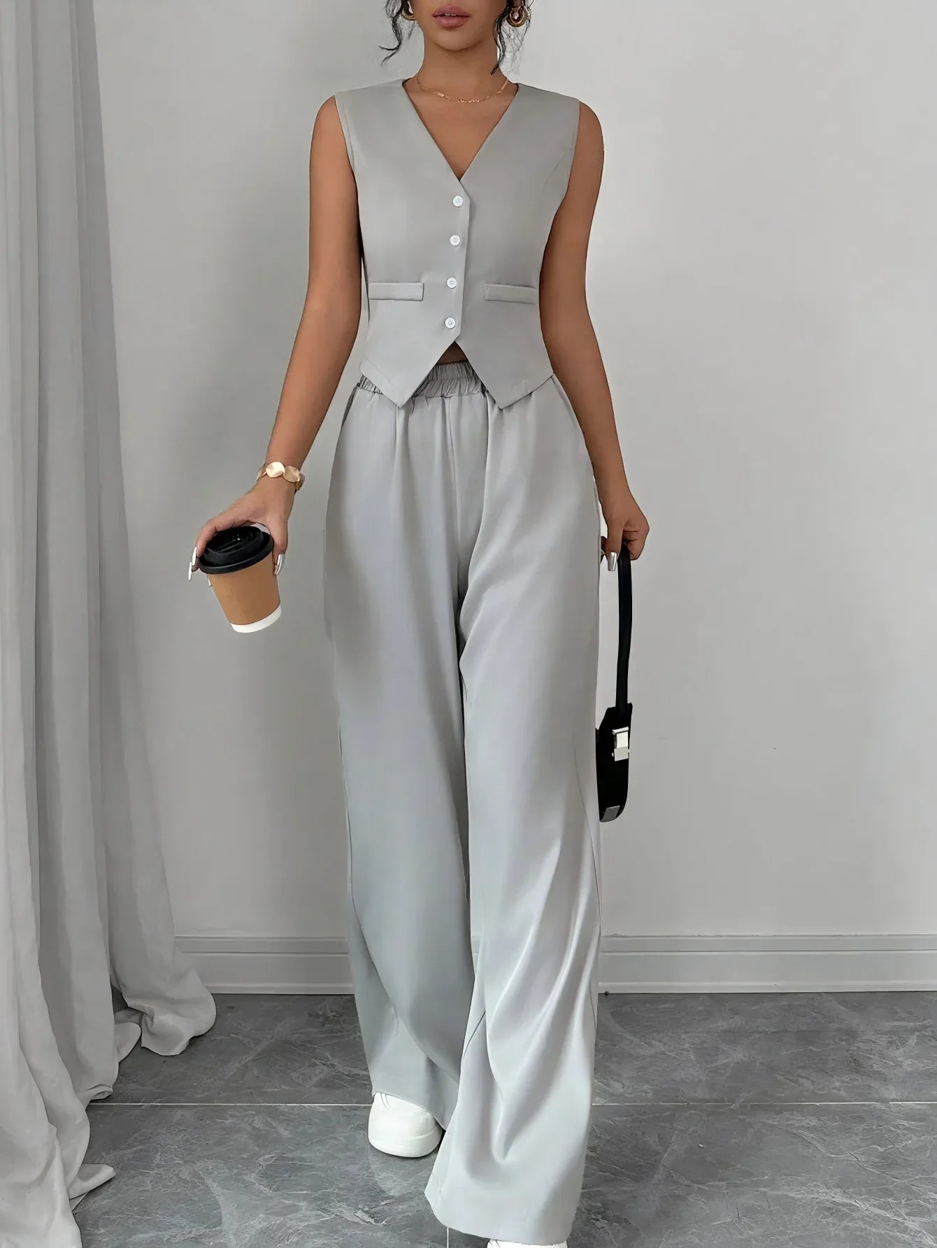 Elegant Button-front Sleeveless Vest And Trousers Set - Gizmo Galaxy