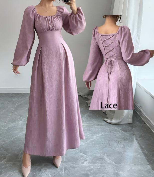 Women's Fashion Square-neck Tie-waist Figure-flattering A-line Dress With Long Sleeves And An Elegant Vibe - Gizmo Galaxy