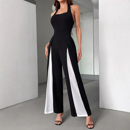 Black And White Color Matching Straight Halter Jumpsuit - Gizmo Galaxy
